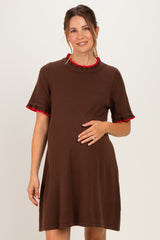 Brown Contrast Ruffle Maternity T-Shirt Dress