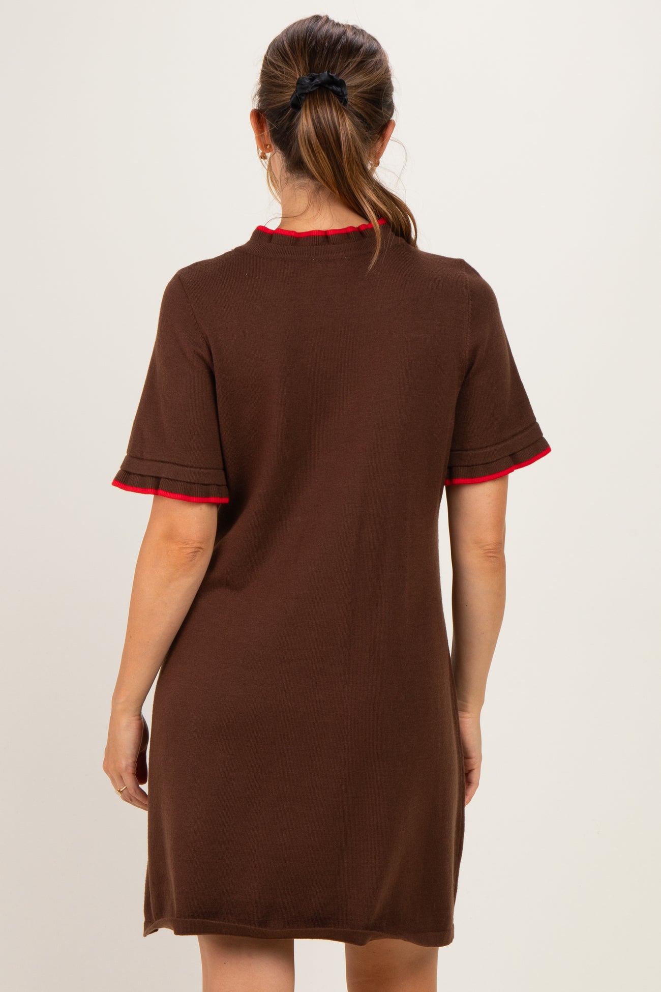 Brown Contrast Ruffle Maternity T-Shirt Dress