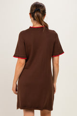 Brown Contrast Ruffle Maternity T-Shirt Dress