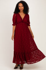 Burgundy Floral Lace V-Neck Maxi Dress