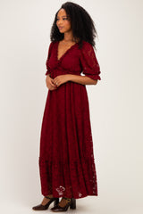 Burgundy Floral Lace V-Neck Maxi Dress