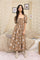 Light Brown Floral Lace Up Front Puff Sleeve Midi Dress