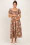Light Brown Floral Lace Up Front Puff Sleeve Maternity Midi Dress