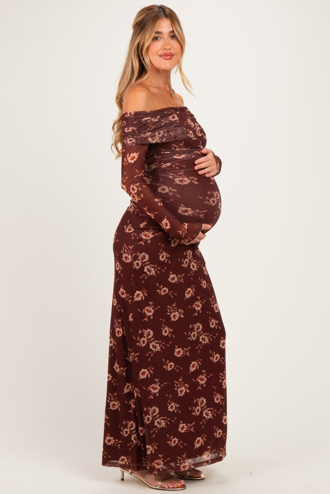 Burgundy Floral Mesh Off Shoulder Long Sleeve Maternity Maxi Dress