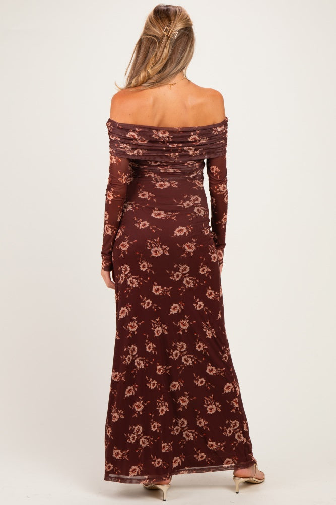 Burgundy Floral Mesh Off Shoulder Long Sleeve Maternity Maxi Dress