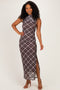 Brown Plaid Mesh Mock Neck Ruched Dress