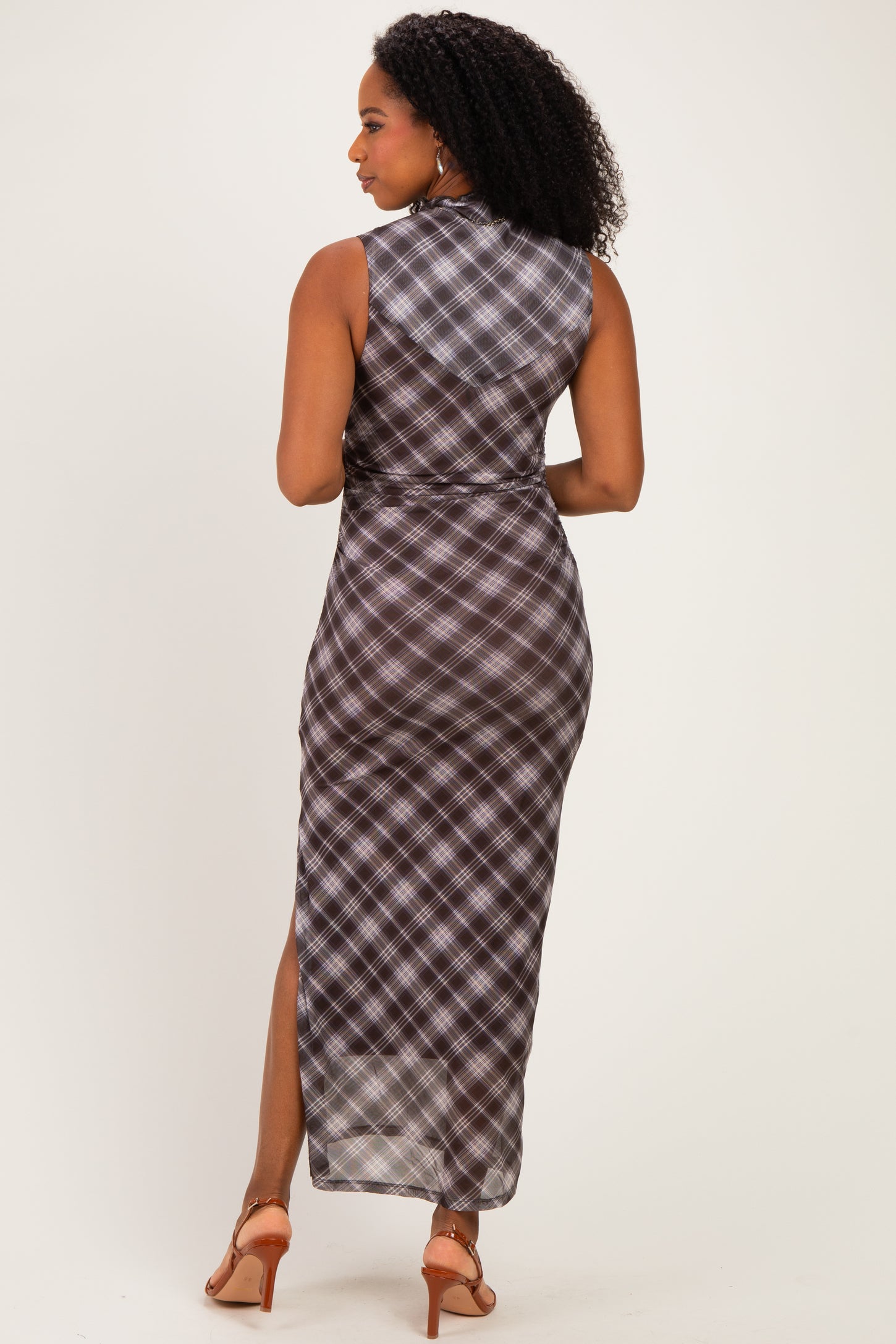 Brown Plaid Mesh Mock Neck Ruched Dress