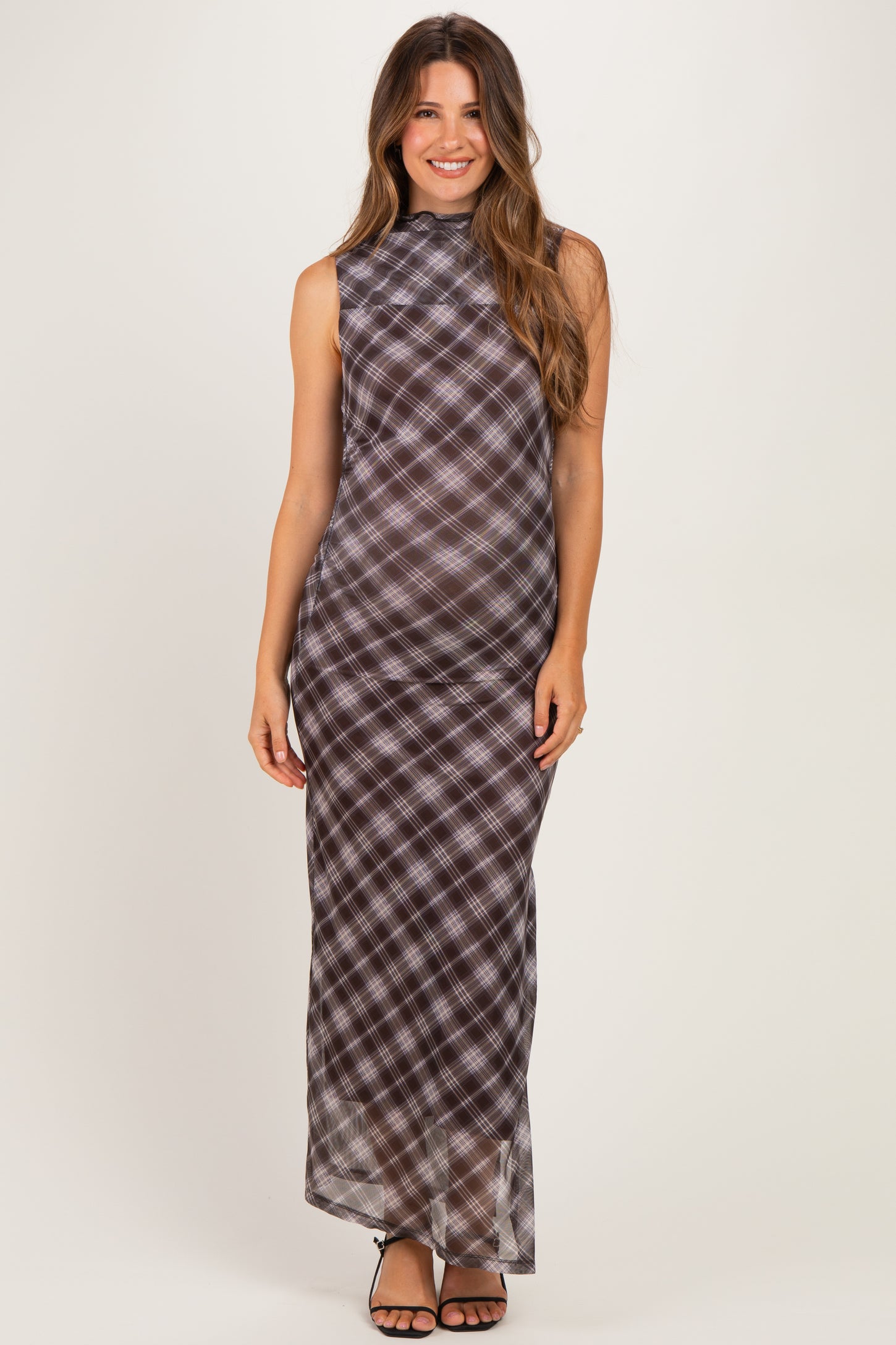 Brown Plaid Mesh Mock Neck Ruched Maternity Dress
