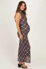 Brown Plaid Mesh Mock Neck Ruched Maternity Dress