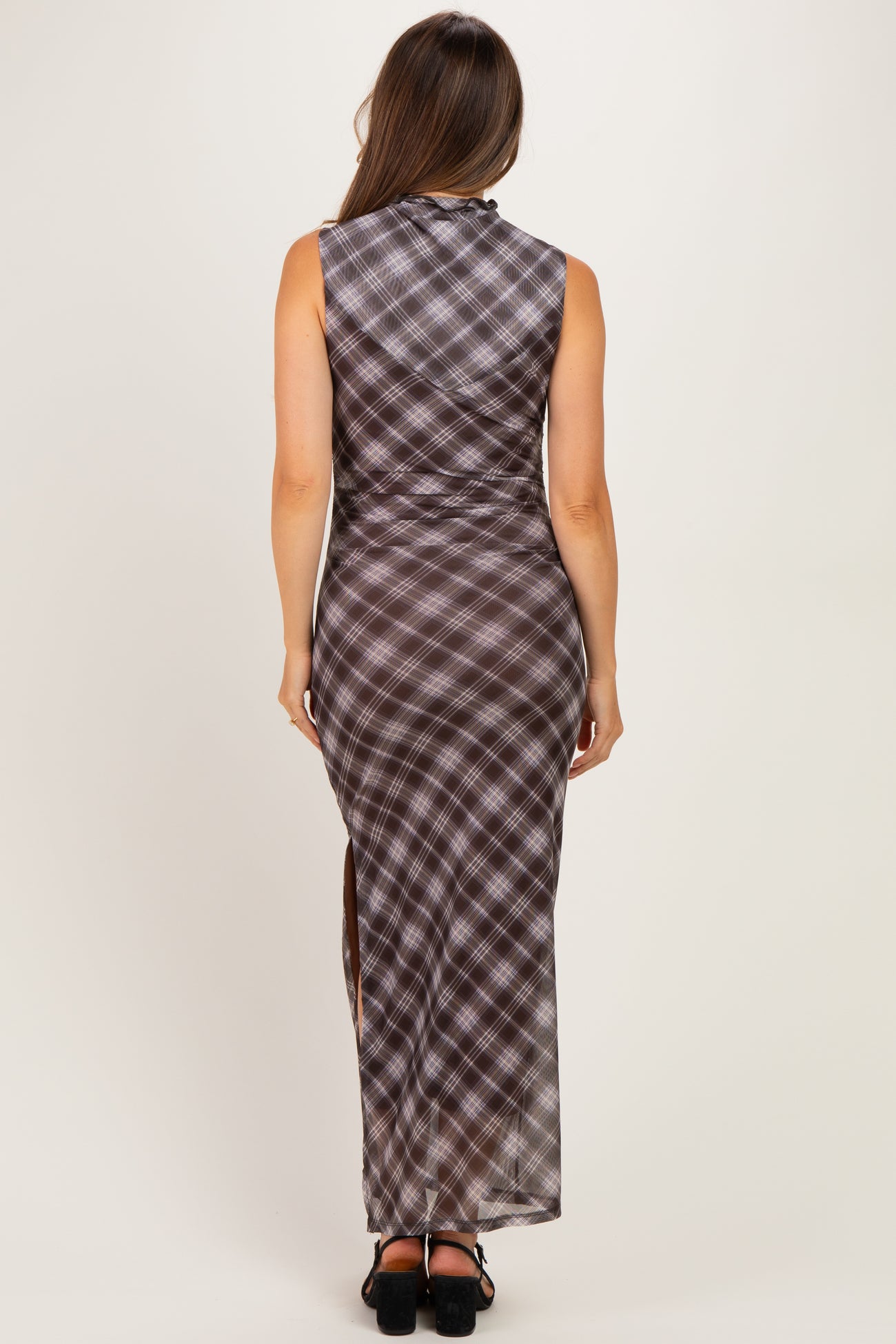 Brown Plaid Mesh Mock Neck Ruched Maternity Dress
