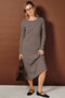 Brown Striped Crew Neck Long Sleeve Midi Dress