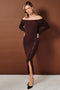 Brown Off Shoulder Button Detail Side Slit Sweater Dress
