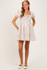 Oatmeal Floral Puff Sleeve Square Neck Maternity Mini Dress