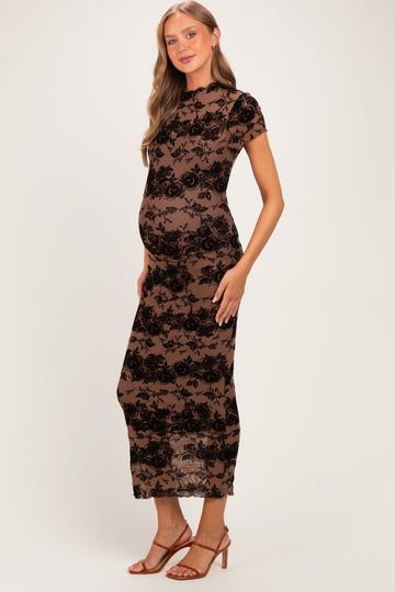 Mocha Floral Mesh Short Sleeve Maternity Midi Dress