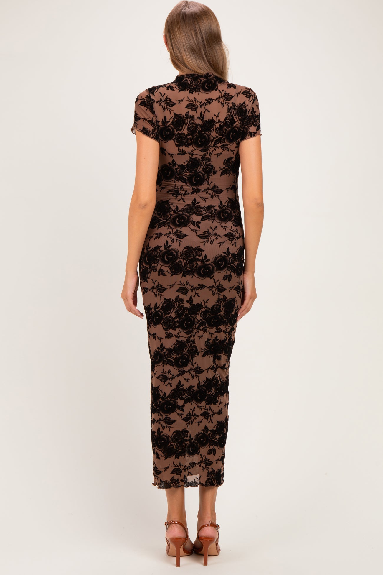 Mocha Floral Mesh Short Sleeve Maternity Midi Dress