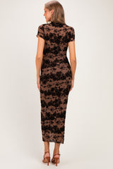 Mocha Floral Mesh Short Sleeve Maternity Midi Dress