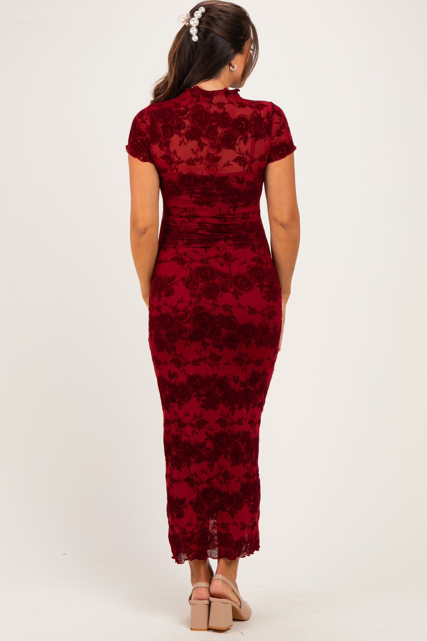 Red Floral Mesh Maternity Midi Dress