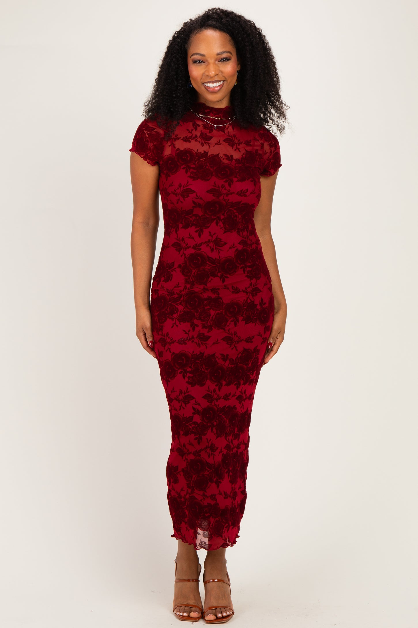 Red Floral Mesh Midi Dress