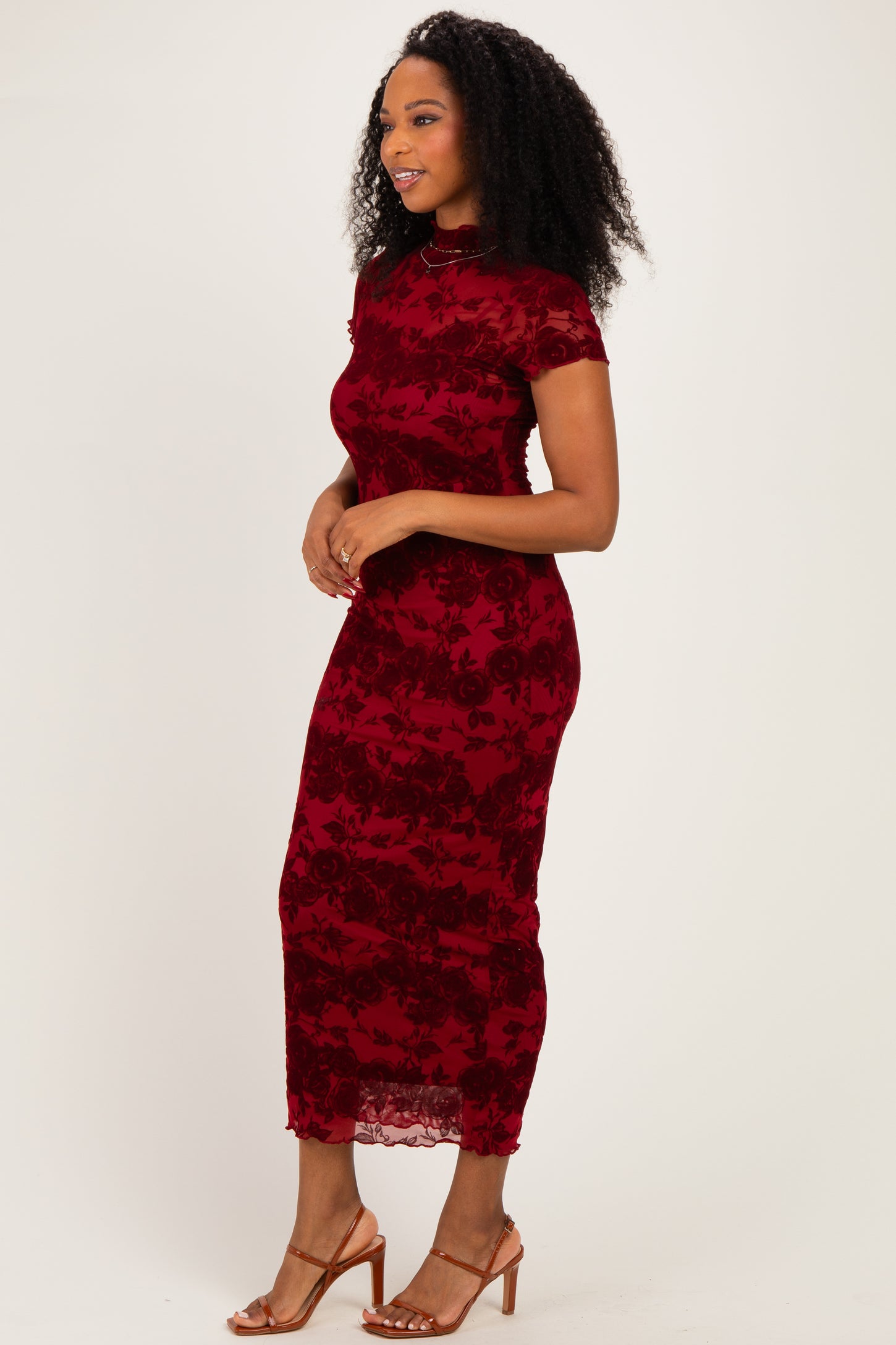 Red Floral Mesh Midi Dress