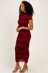 Red Floral Mesh Midi Dress
