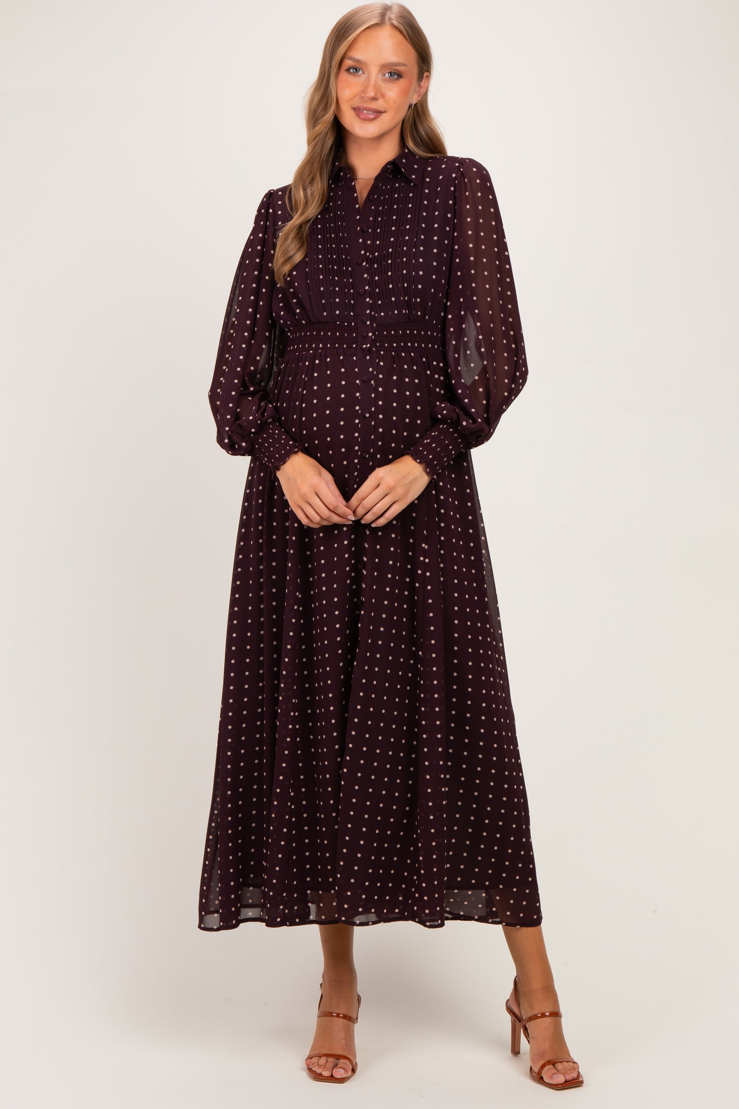 Burnt Mocha Polka Dot Chiffon Button Down Maternity Maxi Dress