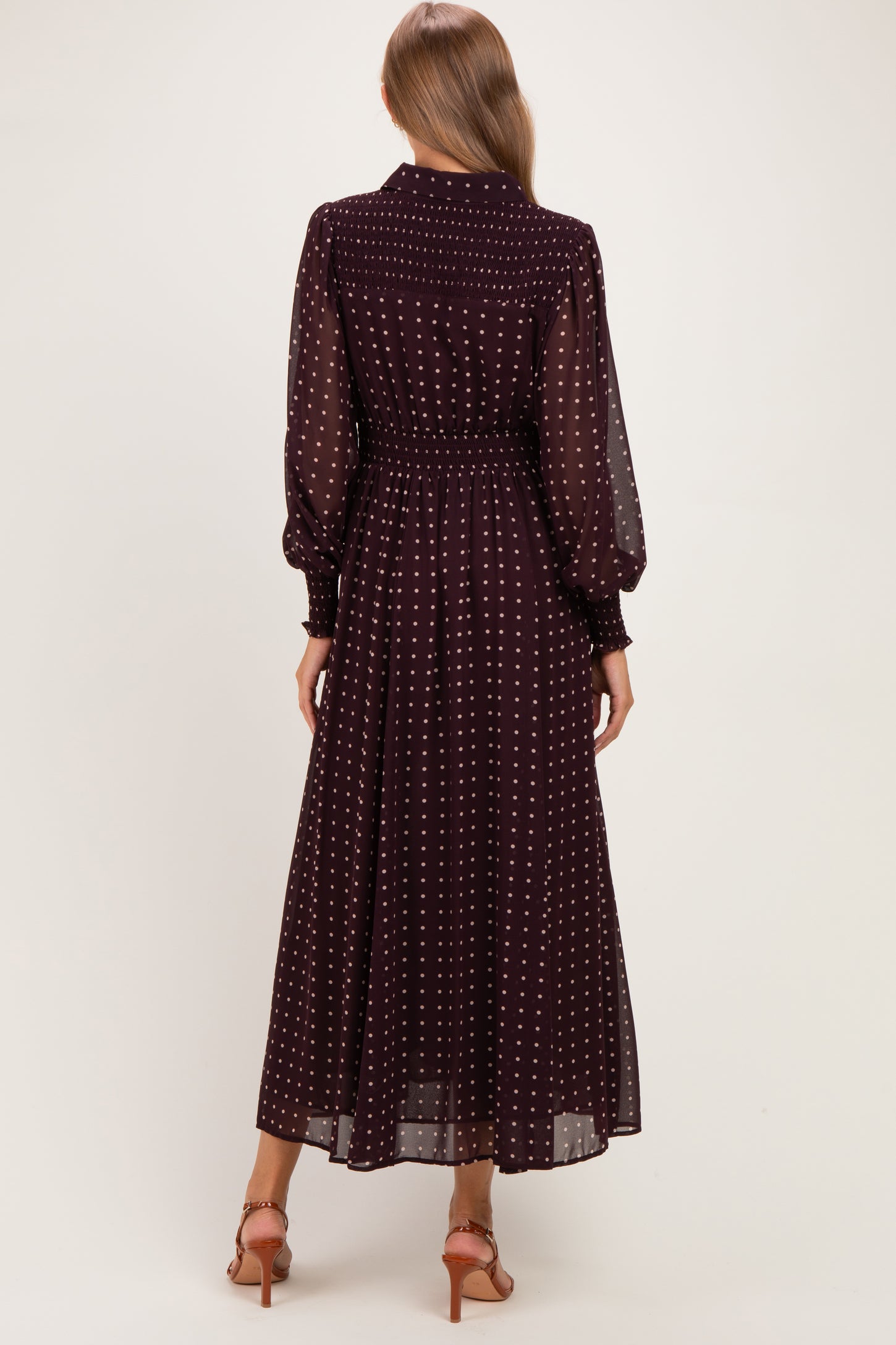 Burnt Mocha Polka Dot Chiffon Button Down Maternity Maxi Dress