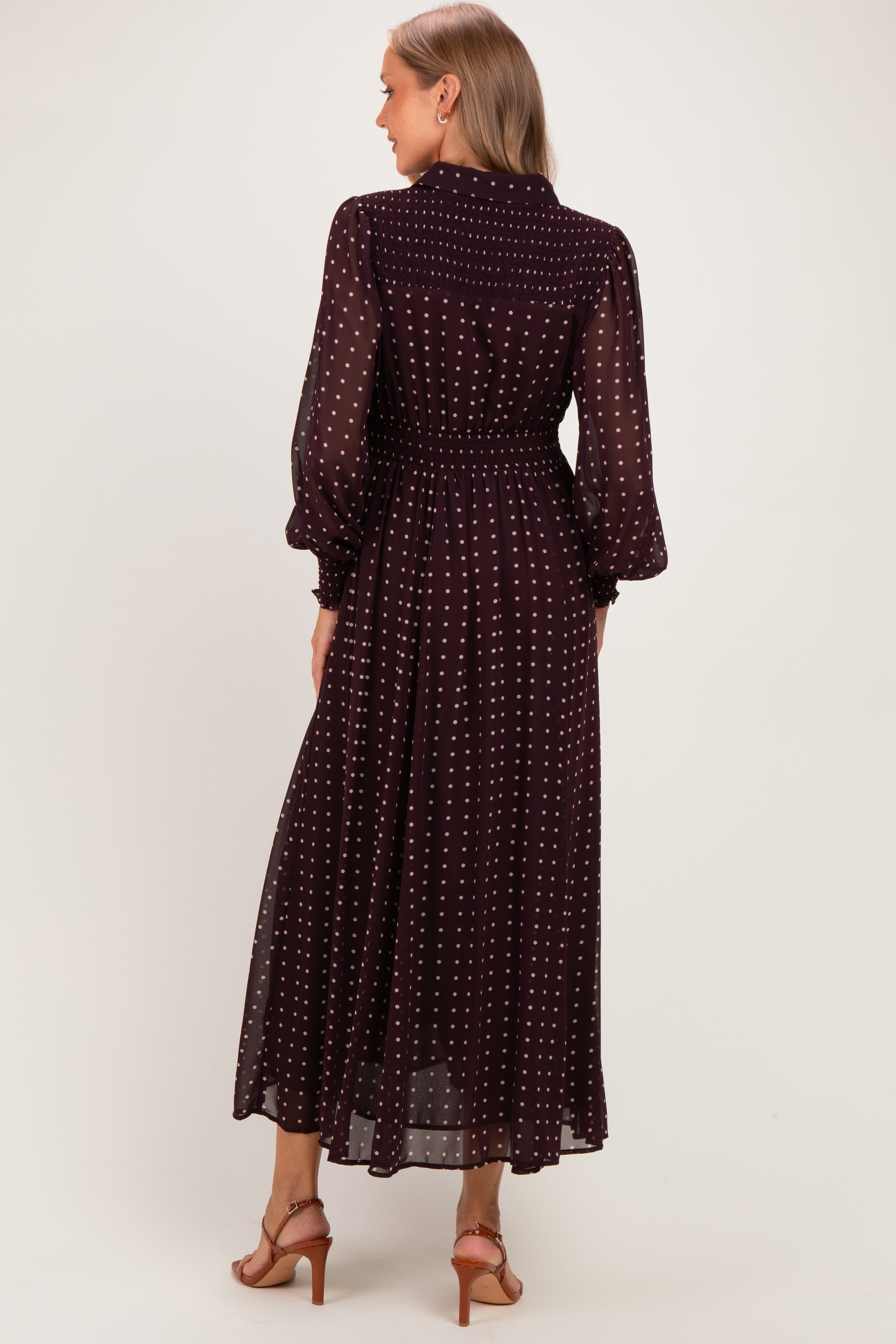 Burnt Mocha Polka Dot Chiffon Button Down Maternity Maxi Dress