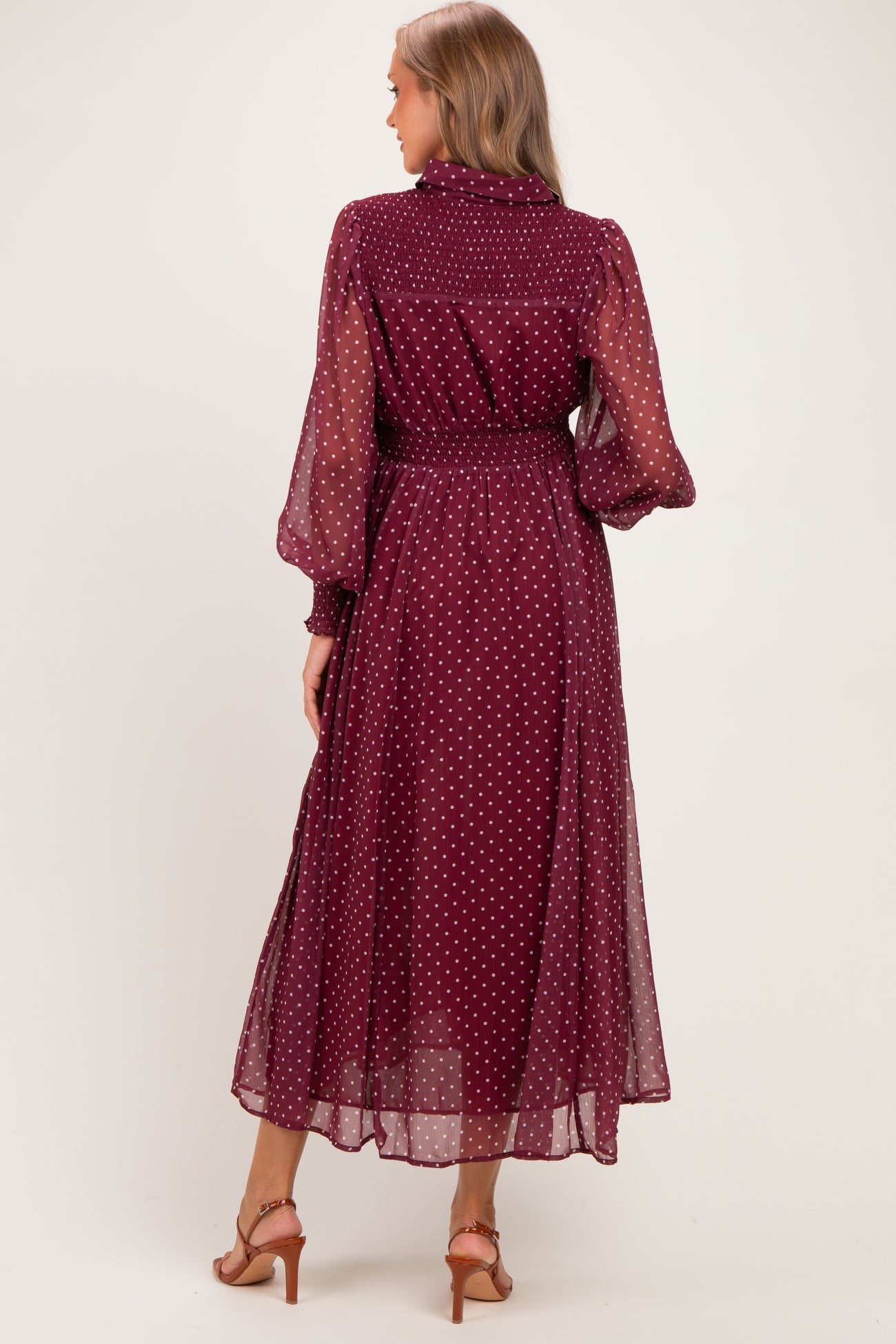 Bordeaux Polka Dot Chiffon Button Down Maternity Maxi Dress