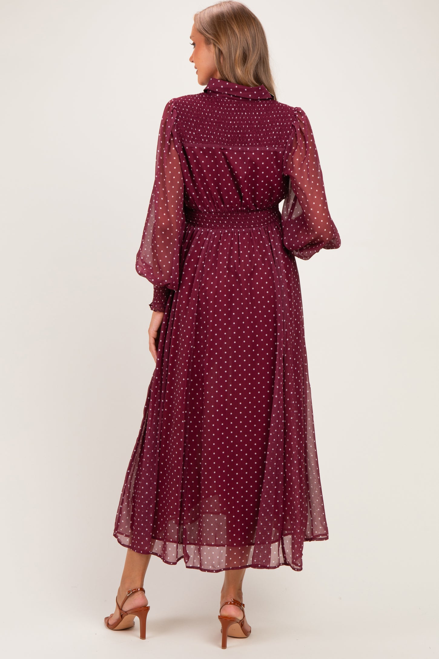 Bordeaux Polka Dot Chiffon Button Down Maternity Maxi Dress