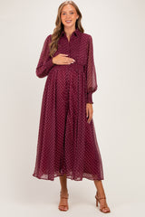 Bordeaux Polka Dot Chiffon Button Down Maternity Maxi Dress