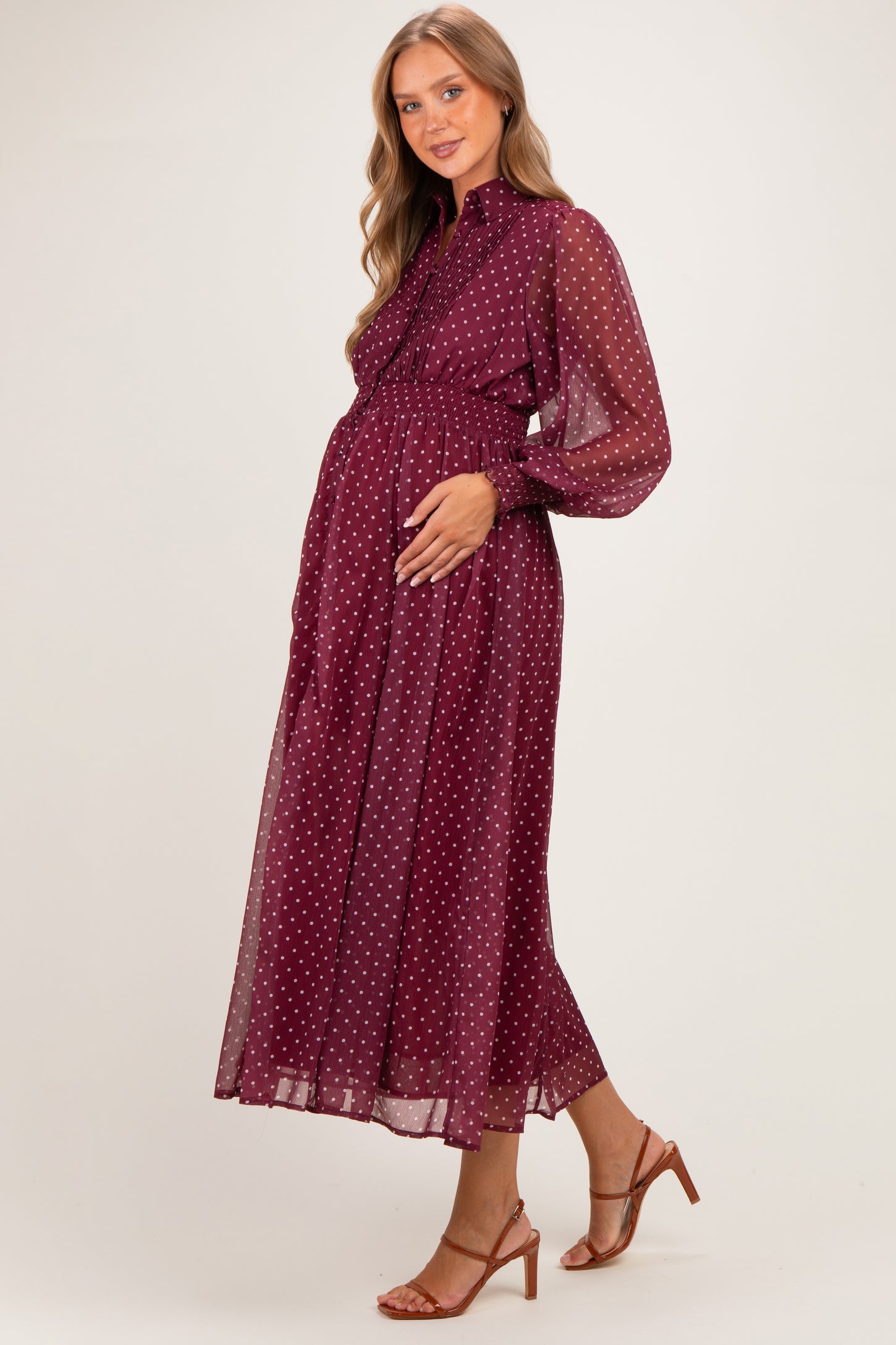Bordeaux Polka Dot Chiffon Button Down Maternity Maxi Dress