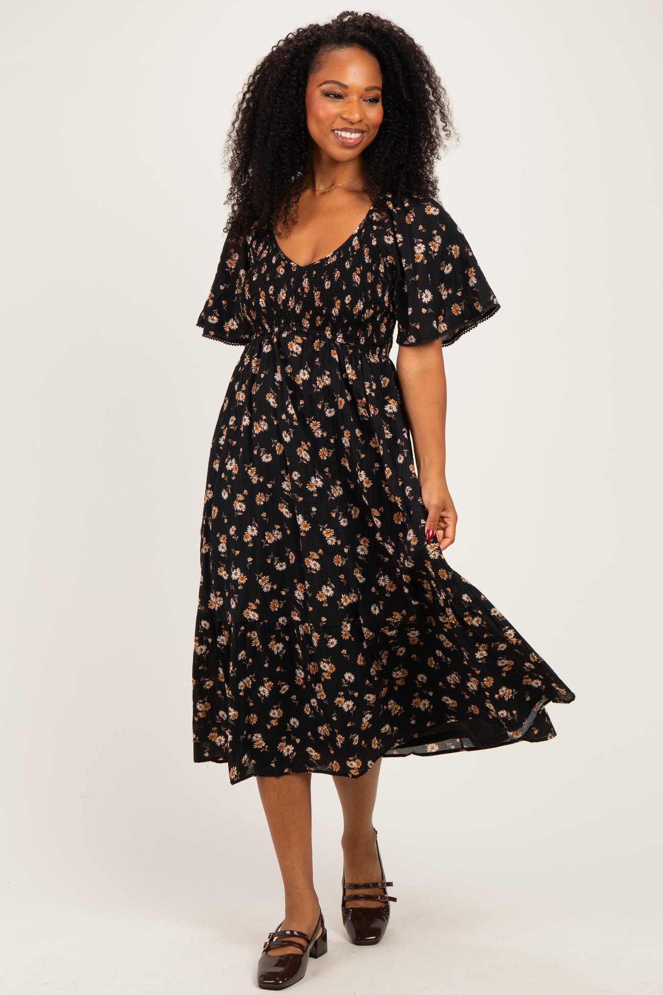 Black Smocked Flutter Sleeve Daisy Print Midi Dress