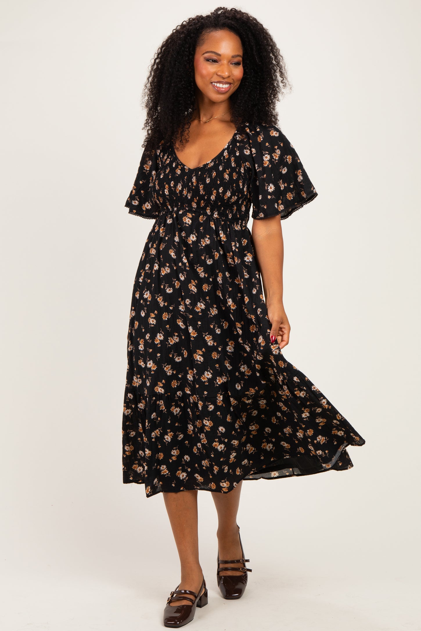 Black Smocked Flutter Sleeve Daisy Print Midi Dress
