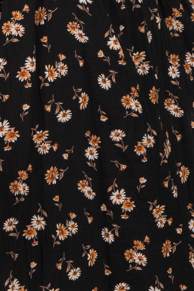 Black Smocked Flutter Sleeve Daisy Print Midi Dress