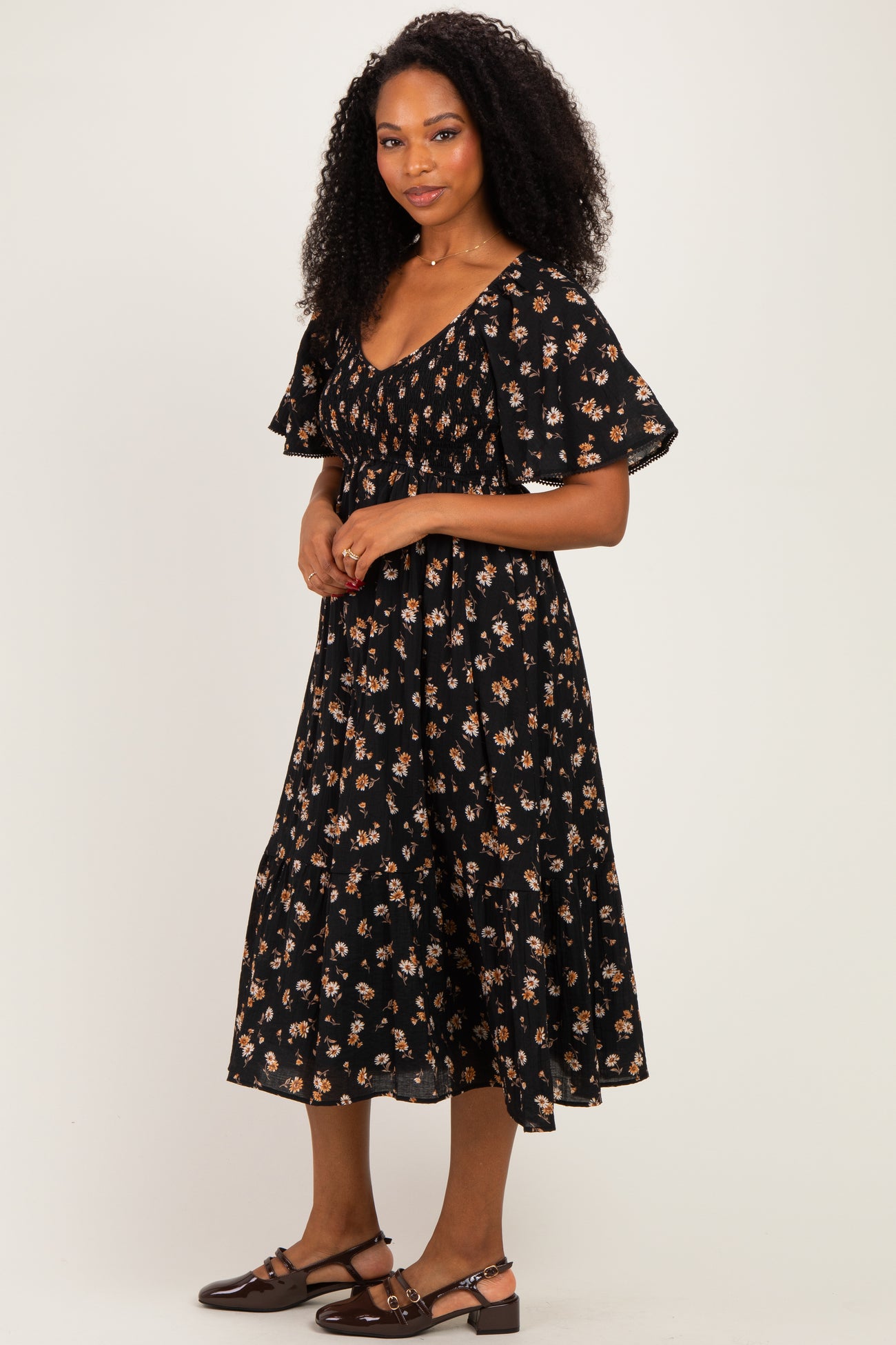 Black Smocked Flutter Sleeve Daisy Print Midi Dress