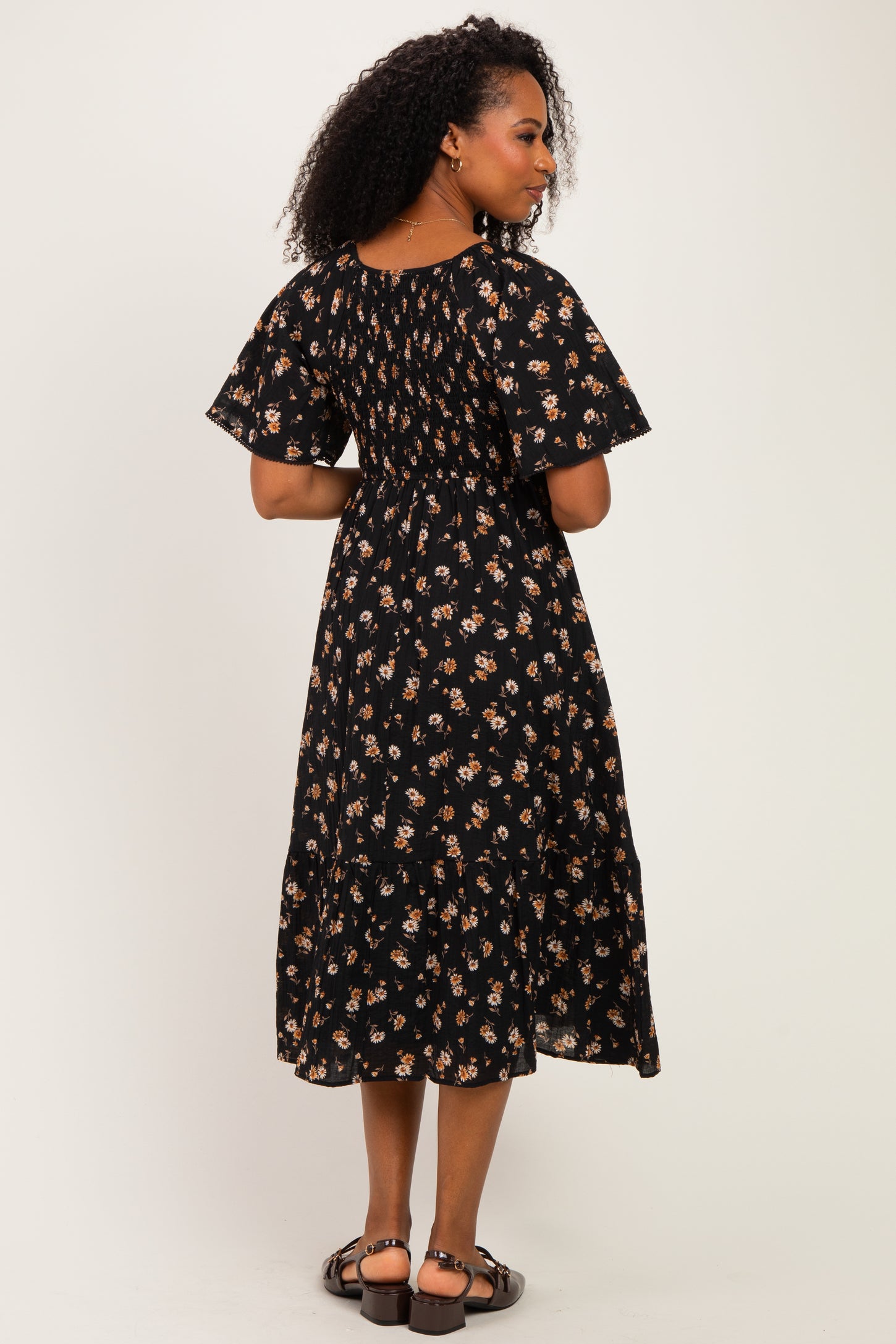 Black Smocked Flutter Sleeve Daisy Print Midi Dress