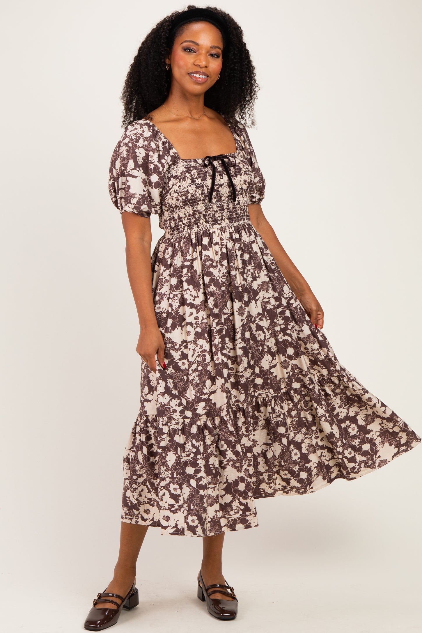 Fig Brown Velvet Bow Bubble Sleeve Floral Midi Dress