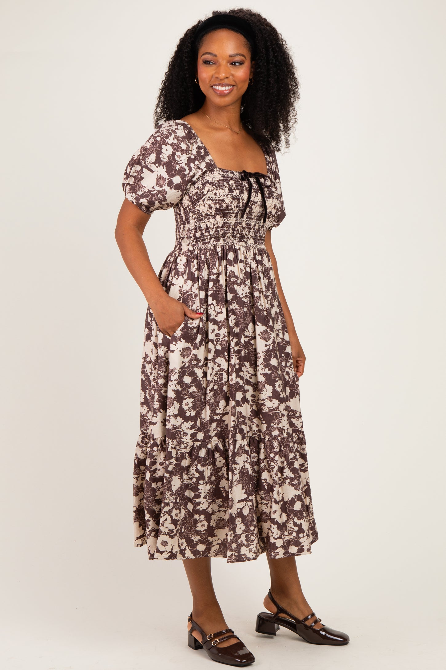 Fig Brown Velvet Bow Bubble Sleeve Floral Midi Dress
