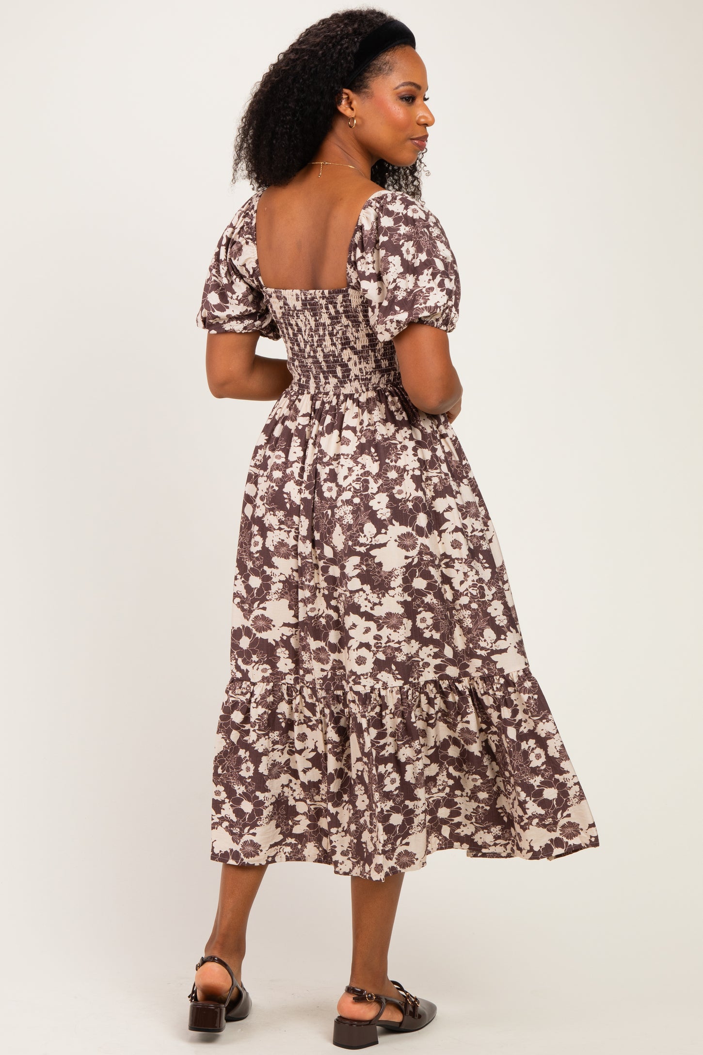 Fig Brown Velvet Bow Bubble Sleeve Floral Midi Dress