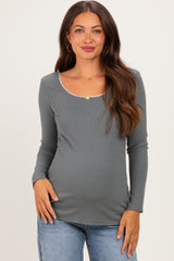 Olive Ribbed Rosette Trim Detail Maternity Long Sleeve Top