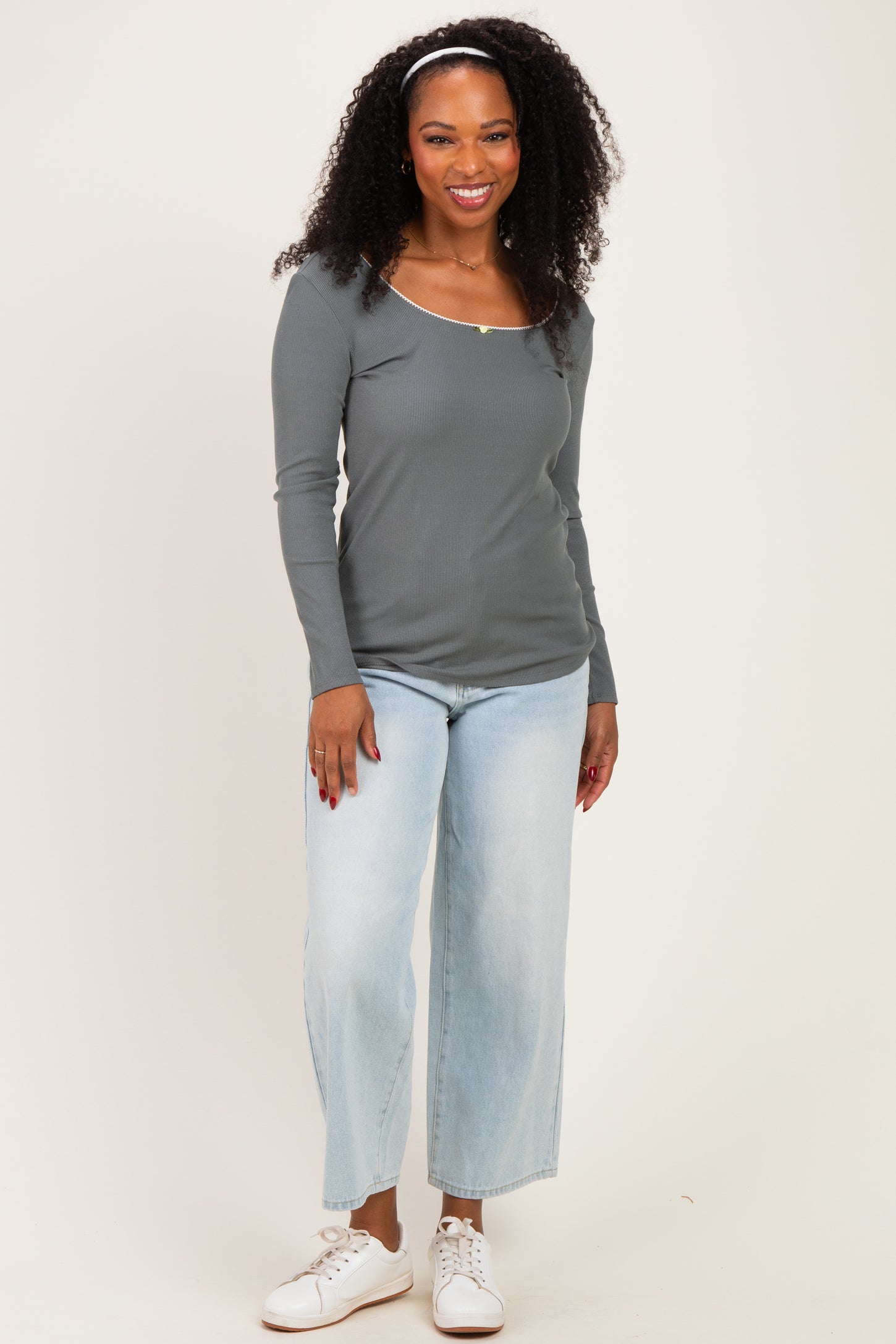 Olive Ribbed Rosette Trim Detail Long Sleeve Top