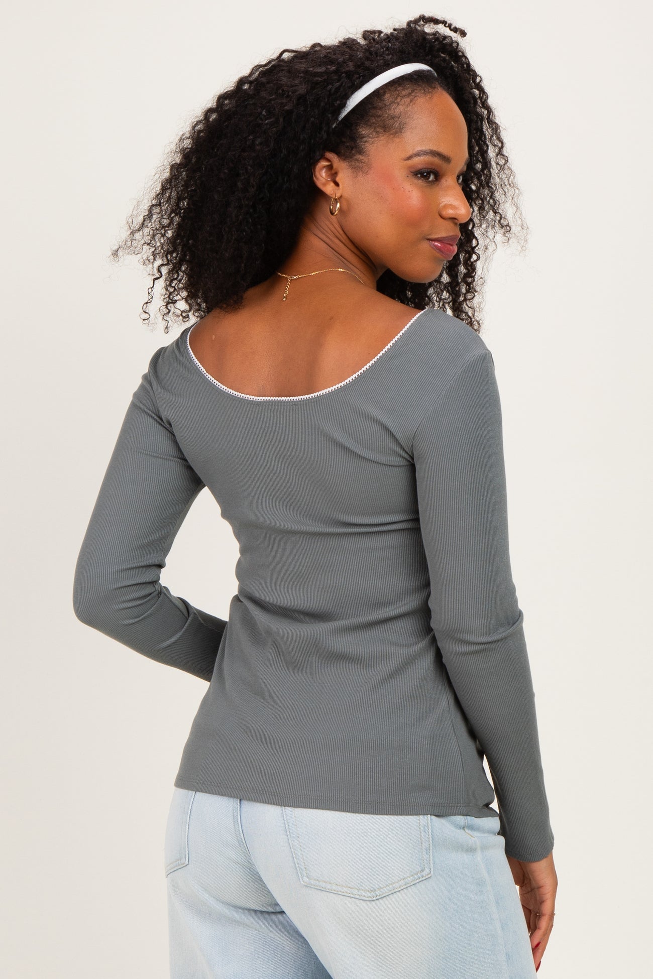 Olive Ribbed Rosette Trim Detail Long Sleeve Top