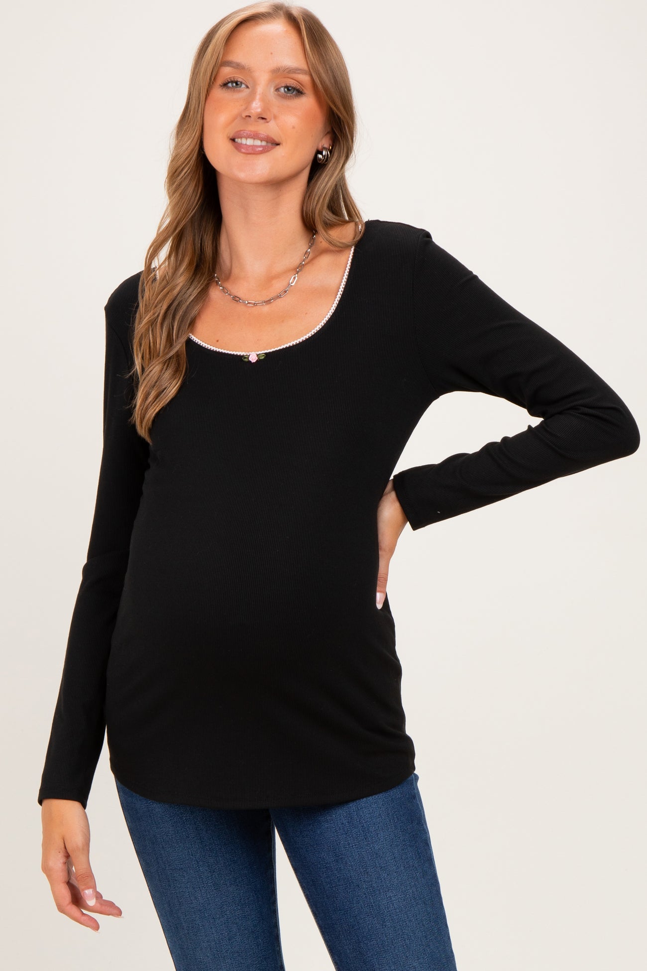 Black Ribbed Rosette Trim Detail Maternity Long Sleeve Top