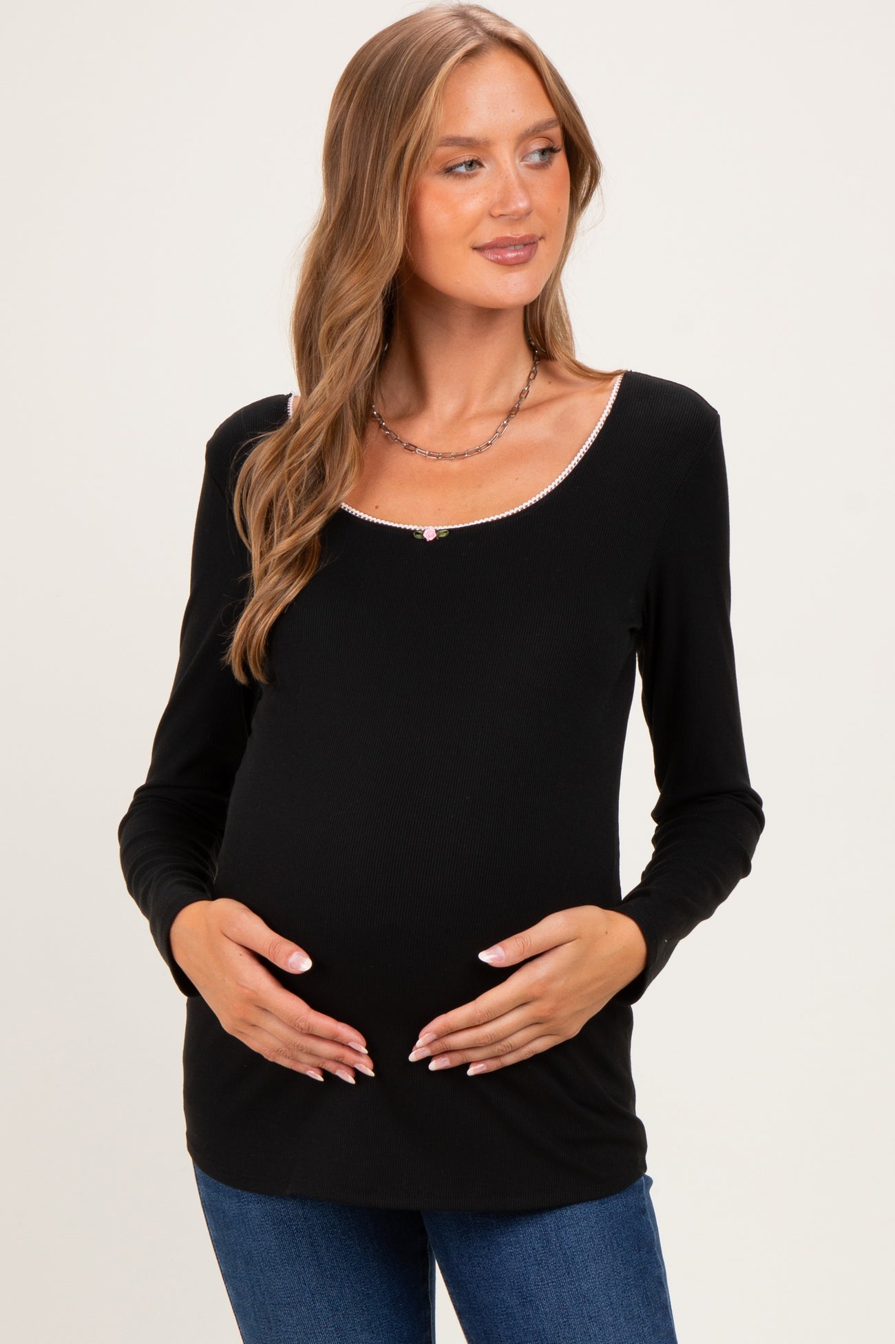 Black Ribbed Rosette Trim Detail Maternity Long Sleeve Top