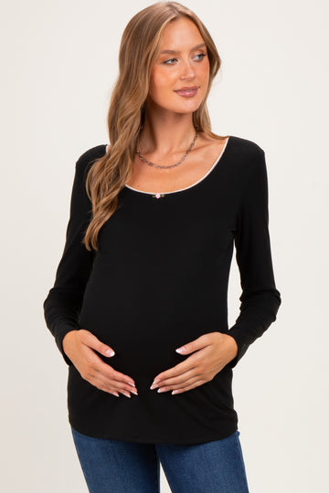 Black Ribbed Rosette Trim Detail Maternity Long Sleeve Top