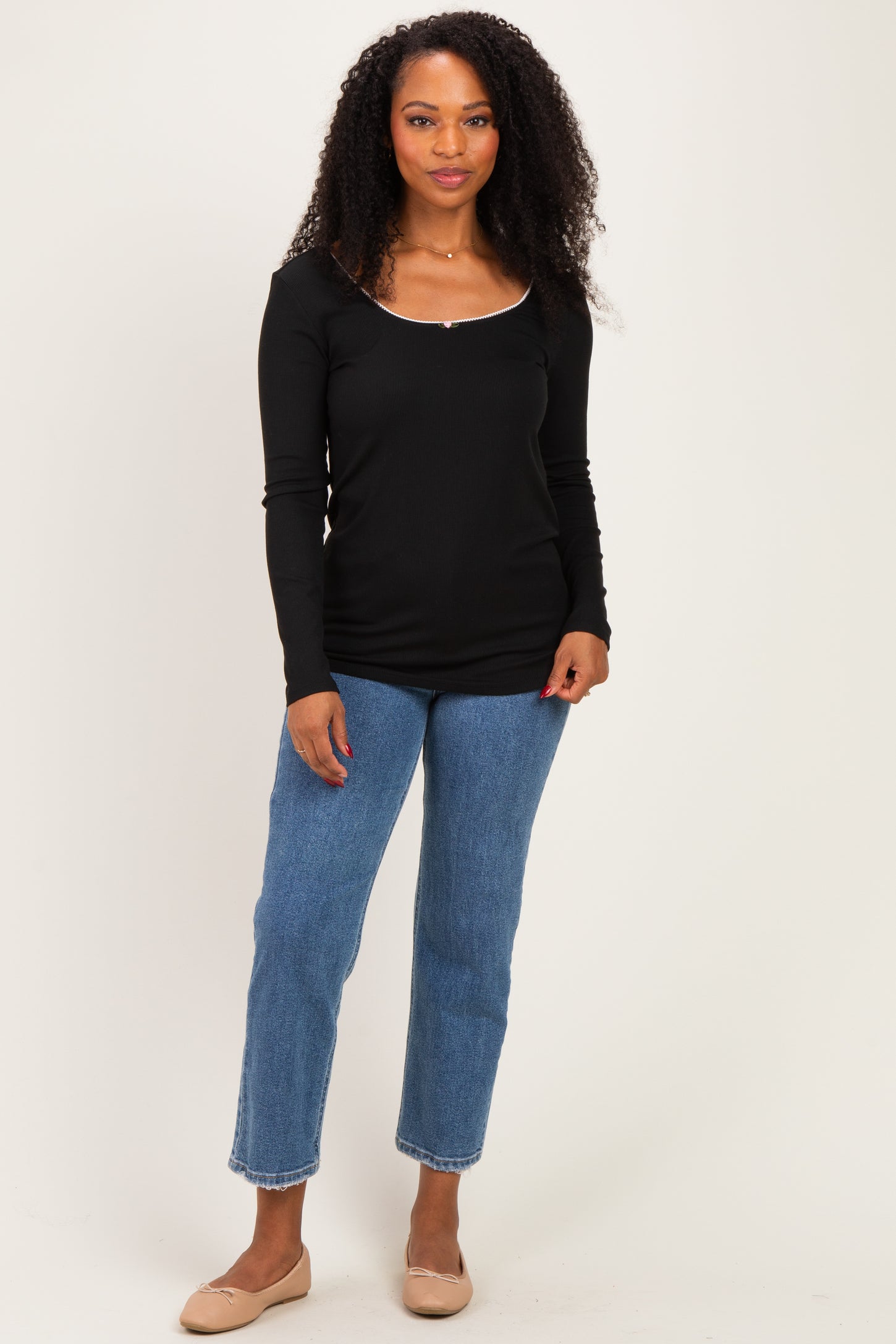 Black Ribbed Rosette Trim Detail Long Sleeve Top