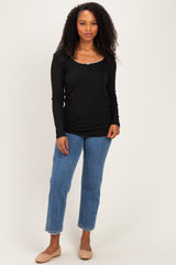 Black Ribbed Rosette Trim Detail Long Sleeve Top