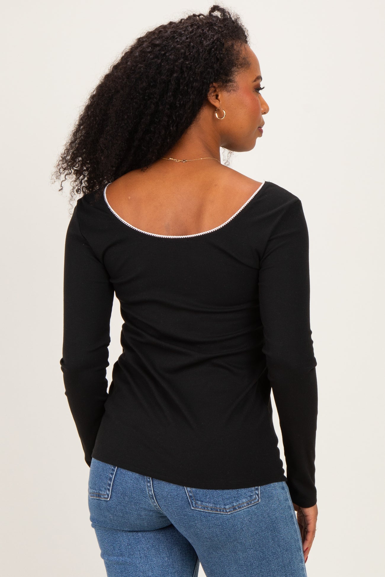 Black Ribbed Rosette Trim Detail Long Sleeve Top