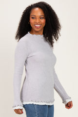 Grey/White Mock Neck Ruffle Edge Long Sleeve Top