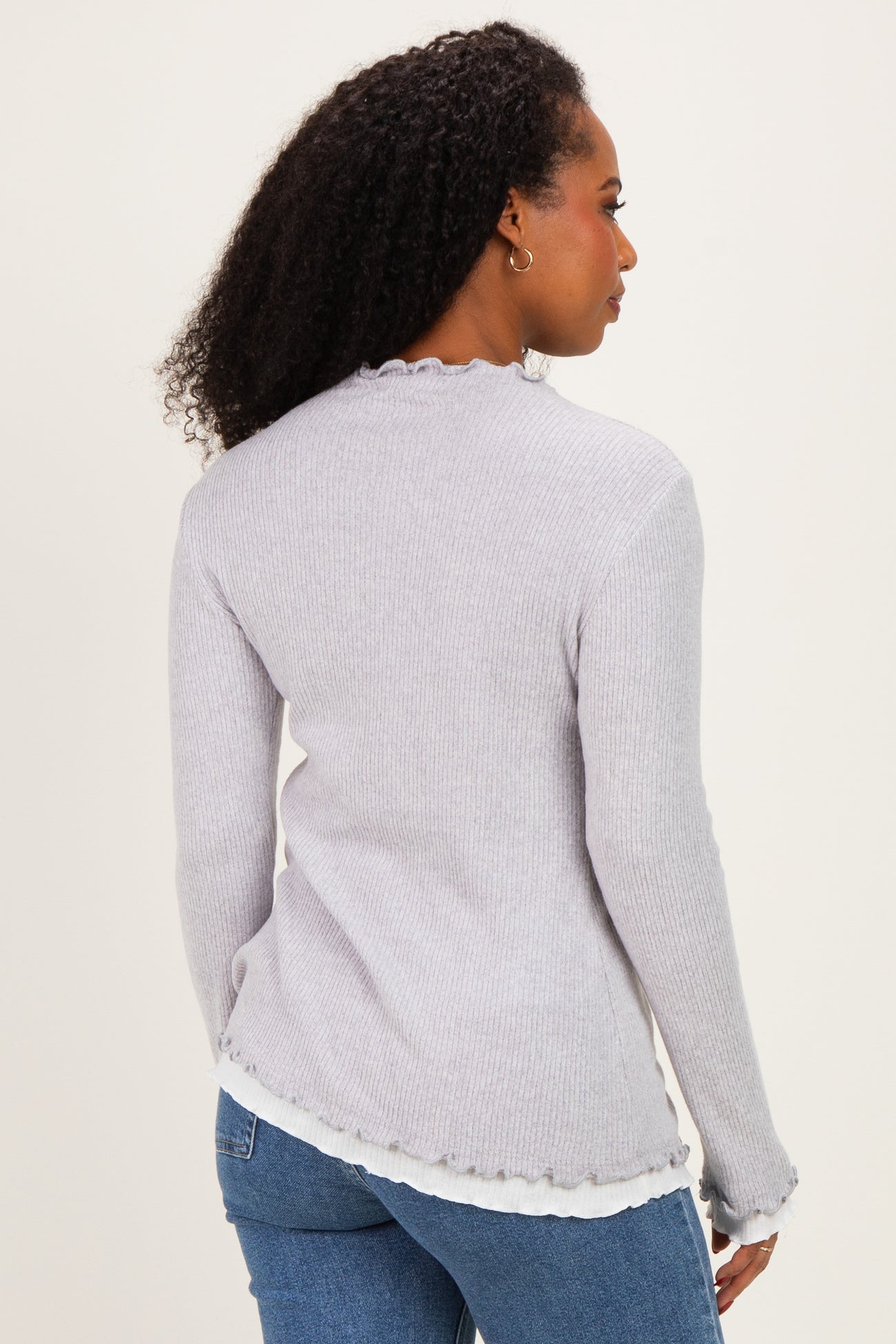 Grey/White Mock Neck Ruffle Edge Long Sleeve Top